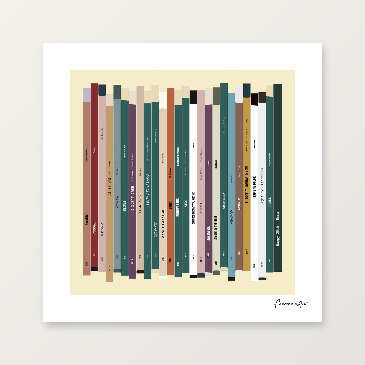 Personalised 25th birthday number one music print, born in 2001, shown as 8×8 square print with 25 colourful song spines and a birthday message.