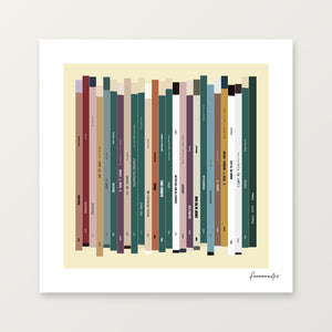 Personalised 25th birthday number one music print, born in 2001, shown as 8×8 square print with 25 colourful song spines and a birthday message.