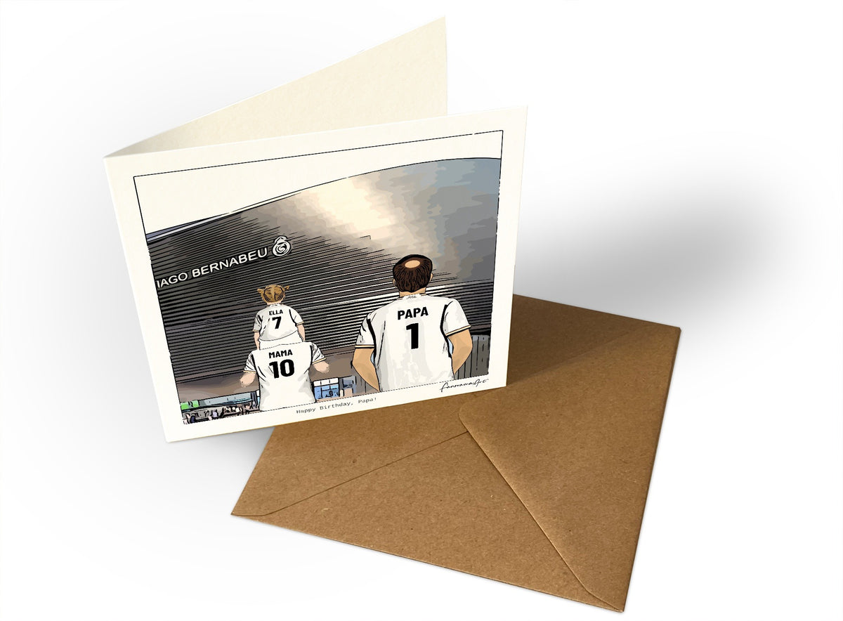 Personalised Real Madrid greeting card with MAMA, PAPA, Square Greeting Card at Santiago Bernabéu Stadium.