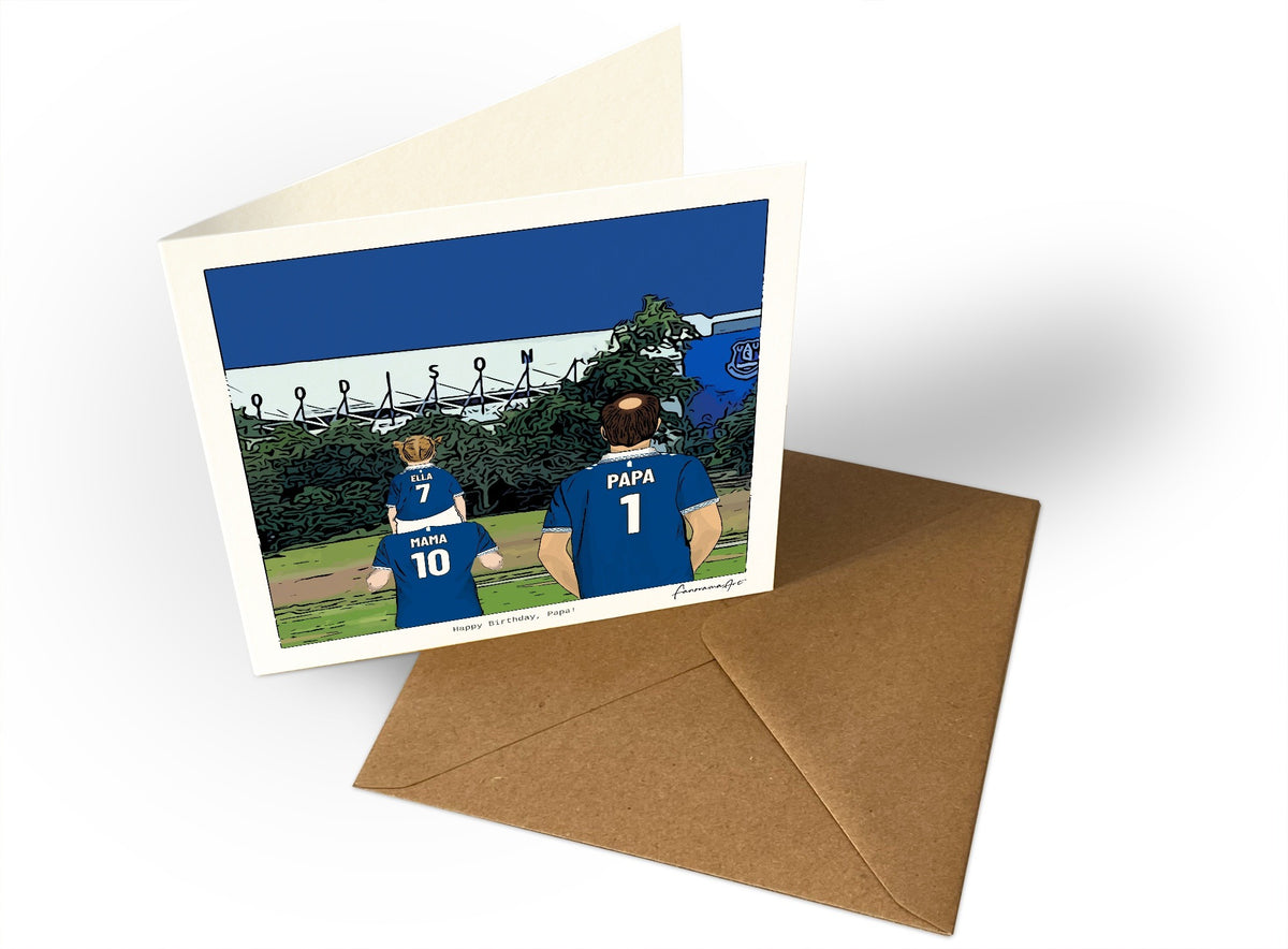 Personalised Everton greeting card with MAMA, PAPA, Square Greeting Card at Goodison Park.