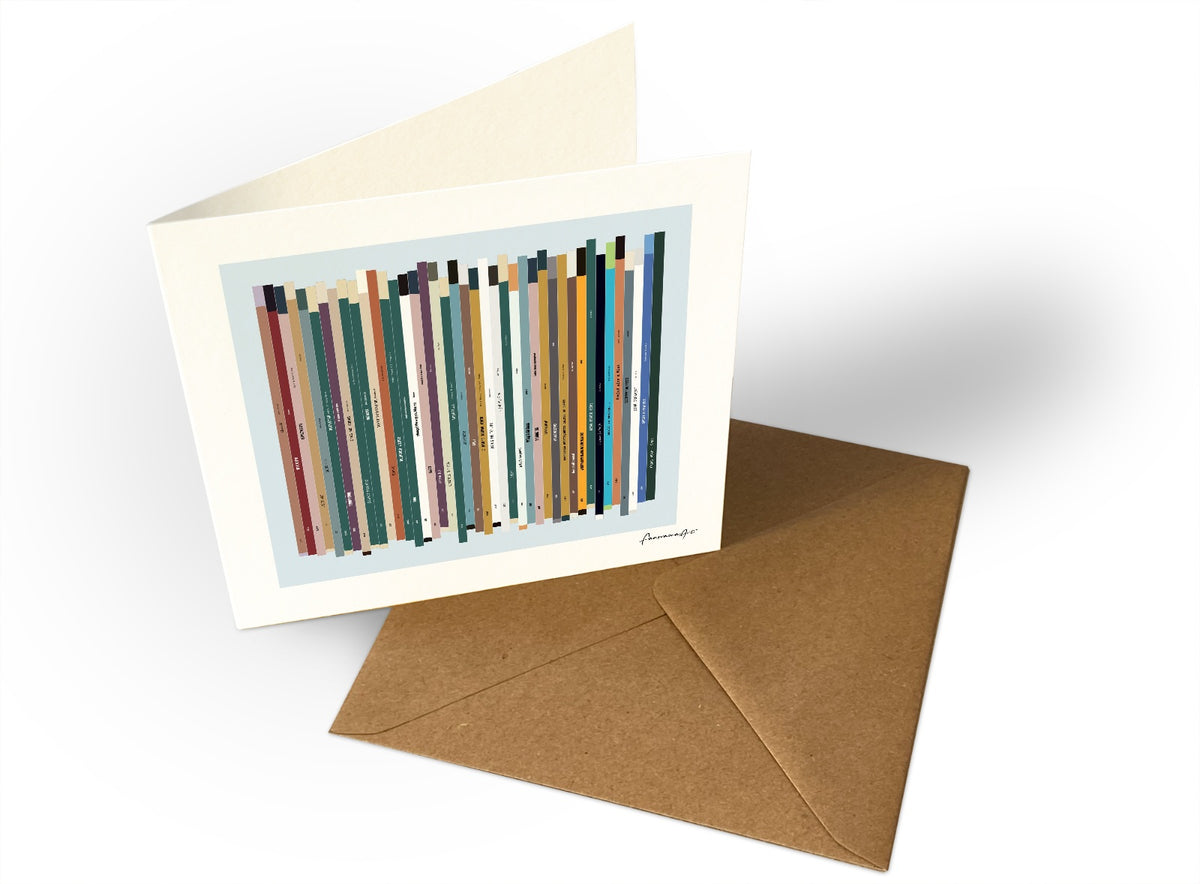 Personalised 40th birthday music card, born in 1986, shown as square greeting card with 40 colourful song spines and a birthday message.