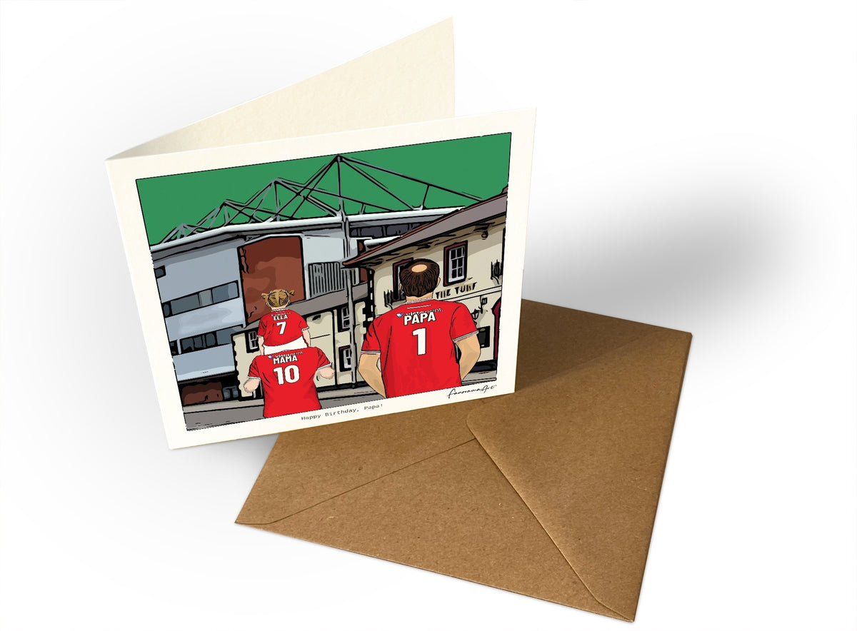 Personalised Wrexham greeting card with MAMA, PAPA, Square Greeting Card at Racecourse Ground.