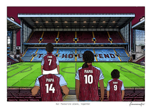 Personalised Aston Villa digital artwork with PAPA, MAMA, RUBY, pitch side at Villa Park.