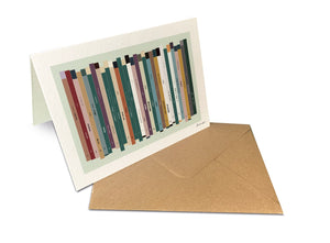 Personalised 30th birthday music card, born in 1996, shown as 7x5" greeting card with 30 colourful song spines and a birthday message.