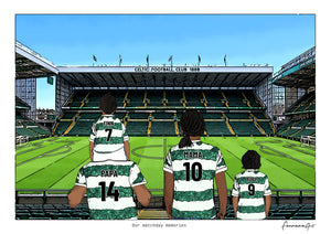 Personalised Celtic digital artwork with PAPA, MAMA, RUBY, pitch side at Celtic Park.