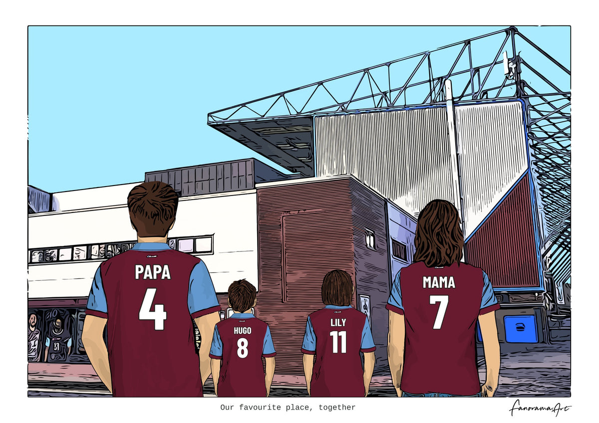 Personalised Burnley digital artwork with PAPA, HUGO, LILY, MAMA, burnley turf moor at Turf Moor.