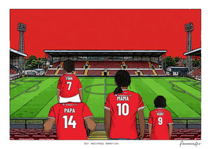 Personalised Wrexham digital artwork with PAPA, MAMA, RUBY, pitch side at Racecourse Ground.
