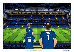 Personalised Chelsea digital artwork with MAMA, PAPA, pitch side at night at Stamford Bridge.