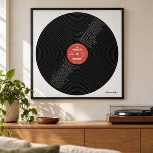 Your Life on Record personalised music artwork framed on a living room wall. Frame shown for styling; physical prints are supplied unframed.