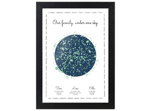 Family Star Print shown as portrait framed print, personalised with names and meaningful dates.