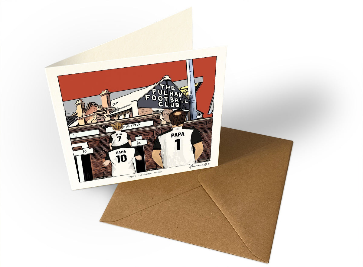 Personalised Fulham greeting card with MAMA, PAPA, Square Greeting Card at Craven Cottage.