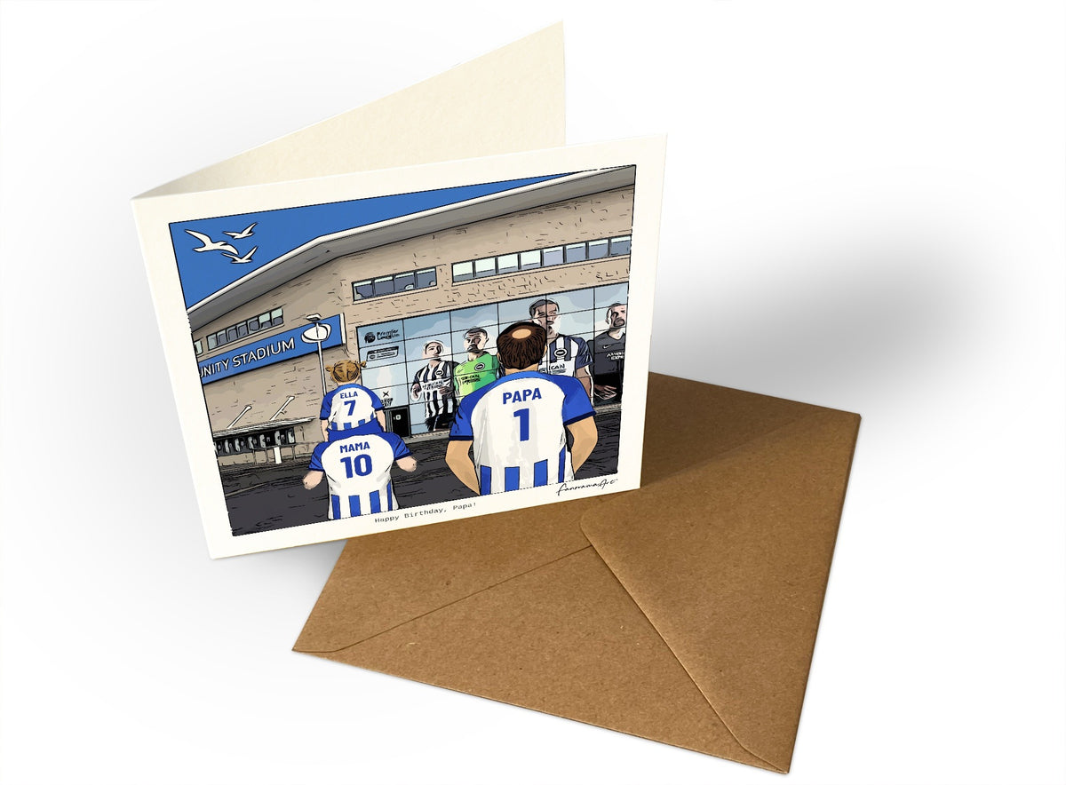 Personalised Brighton & Hove Albion greeting card with MAMA, PAPA, Square Greeting Card at American Express Stadium.