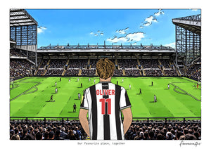 Personalised Newcastle United digital artwork with OLIVER, in game at St James’ Park.