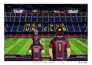Personalised Barcelona digital artwork with MAMA, PAPA, pitch side at night at Spotify Camp Nou.
