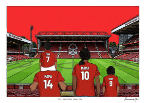 Personalised Nottingham Forest digital artwork with PAPA, MAMA, RUBY, pitch side at The City Ground.