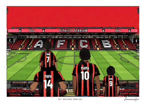Personalised Bournemouth digital artwork with PAPA, MAMA, RUBY, pitch side at Vitality Stadium.