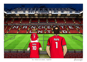 Personalised Manchester United digital artwork with MAMA, PAPA, pitch side at night at Old Trafford.