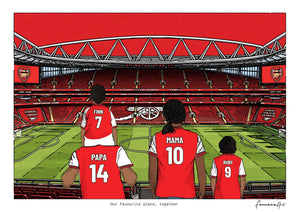 Arsenal digital artwork of a family with a child on shoulders, shown pitch side at the Emirates.