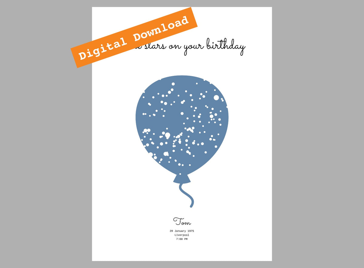 Birthday Star Print shown as portrait digital print, personalised with names and meaningful dates.
