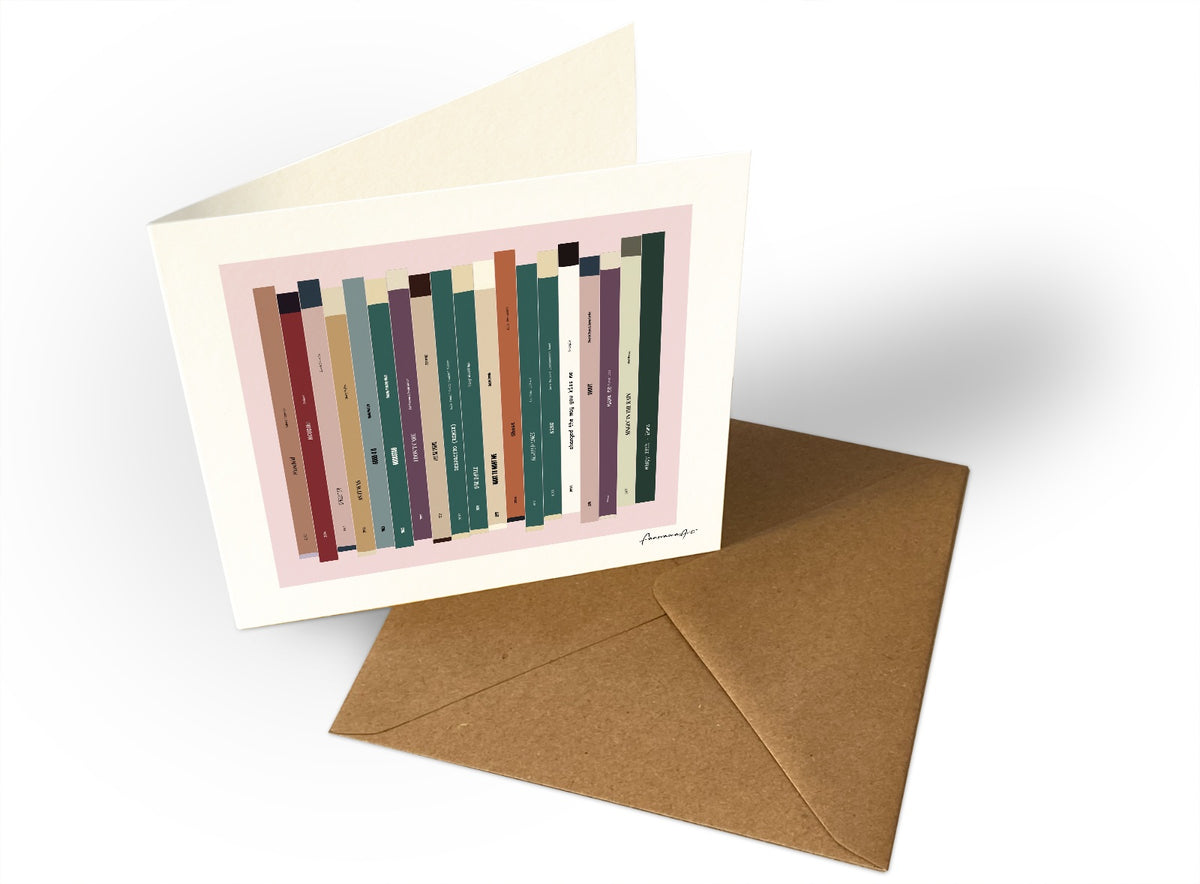 Personalised 18th birthday music card, born in 2008, shown as square greeting card with 18 colourful song spines and a birthday message.