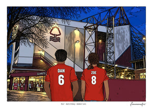 Personalised Nottingham Forest digital artwork with DAN, ZOE, stadium at night at The City Ground.