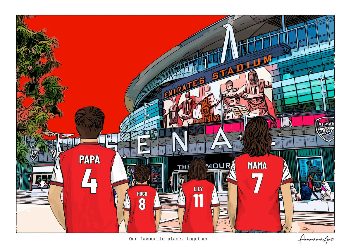 Personalised Arsenal digital artwork with Papa, Hugo, Lily and Mama at the Emirates Stadium.