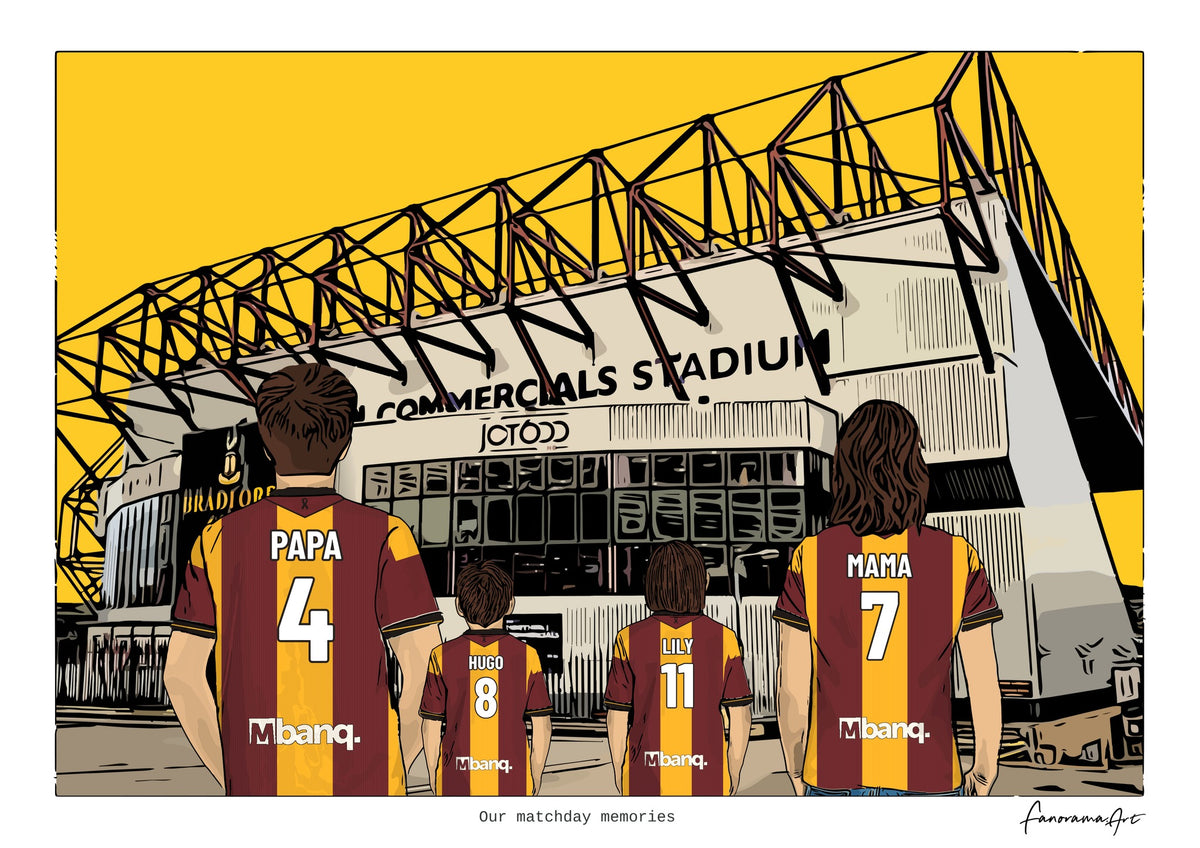 Personalised Bradford City digital artwork with PAPA, HUGO, LILY, MAMA, bradford city a f c valley parade at Valley Parade.