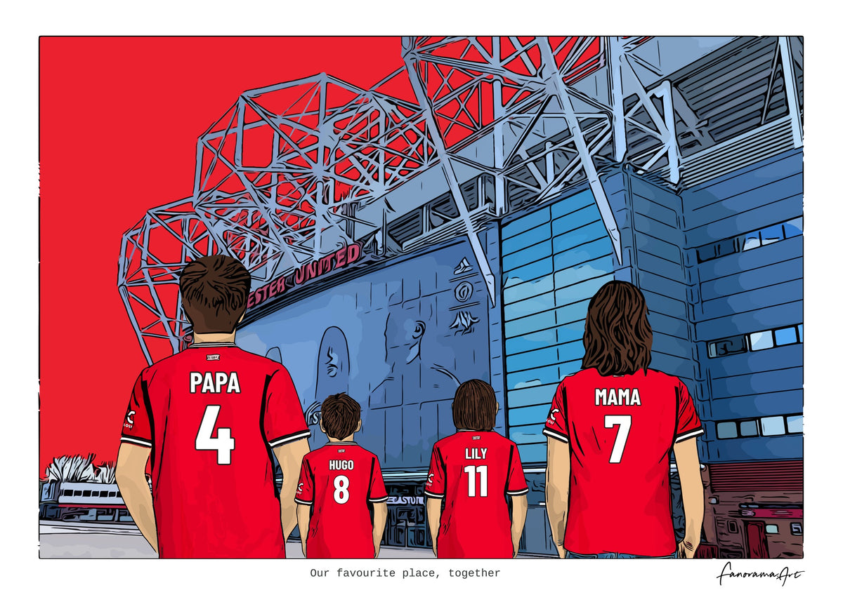 Personalised Manchester United digital artwork with PAPA, HUGO, LILY, MAMA, manchester united old trafford at Old Trafford.
