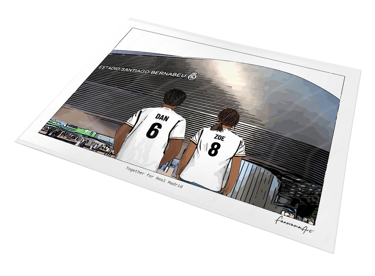 Personalised Real Madrid print with DAN, ZOE, Print at Santiago Bernabéu Stadium.