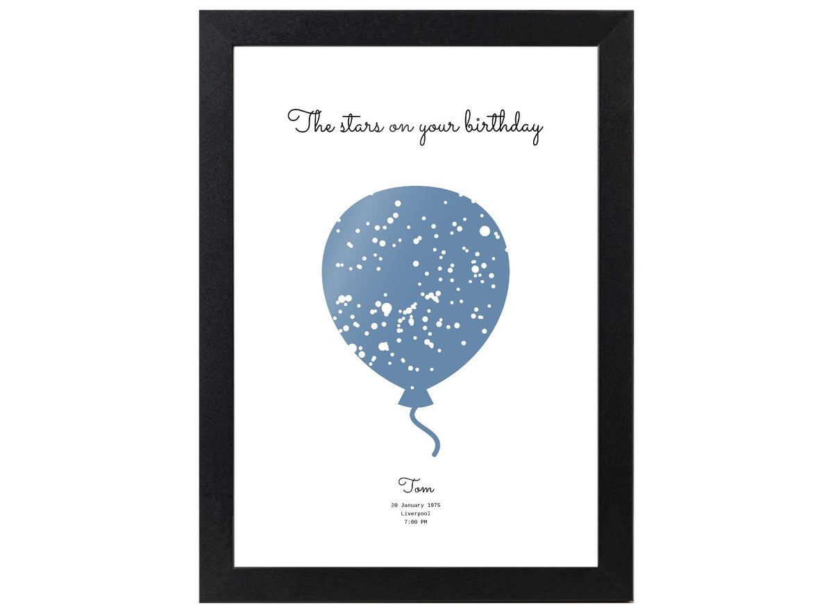 Birthday Star Print shown as portrait framed print, personalised with names and meaningful dates.