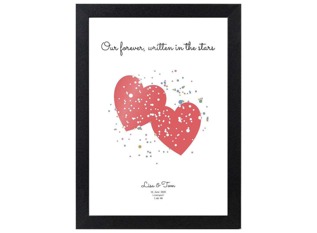 Wedding Star Print shown as portrait framed print, personalised with names and meaningful dates.