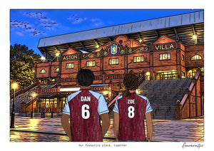 Personalised Aston Villa digital artwork with DAN, ZOE, stadium at night at Villa Park.