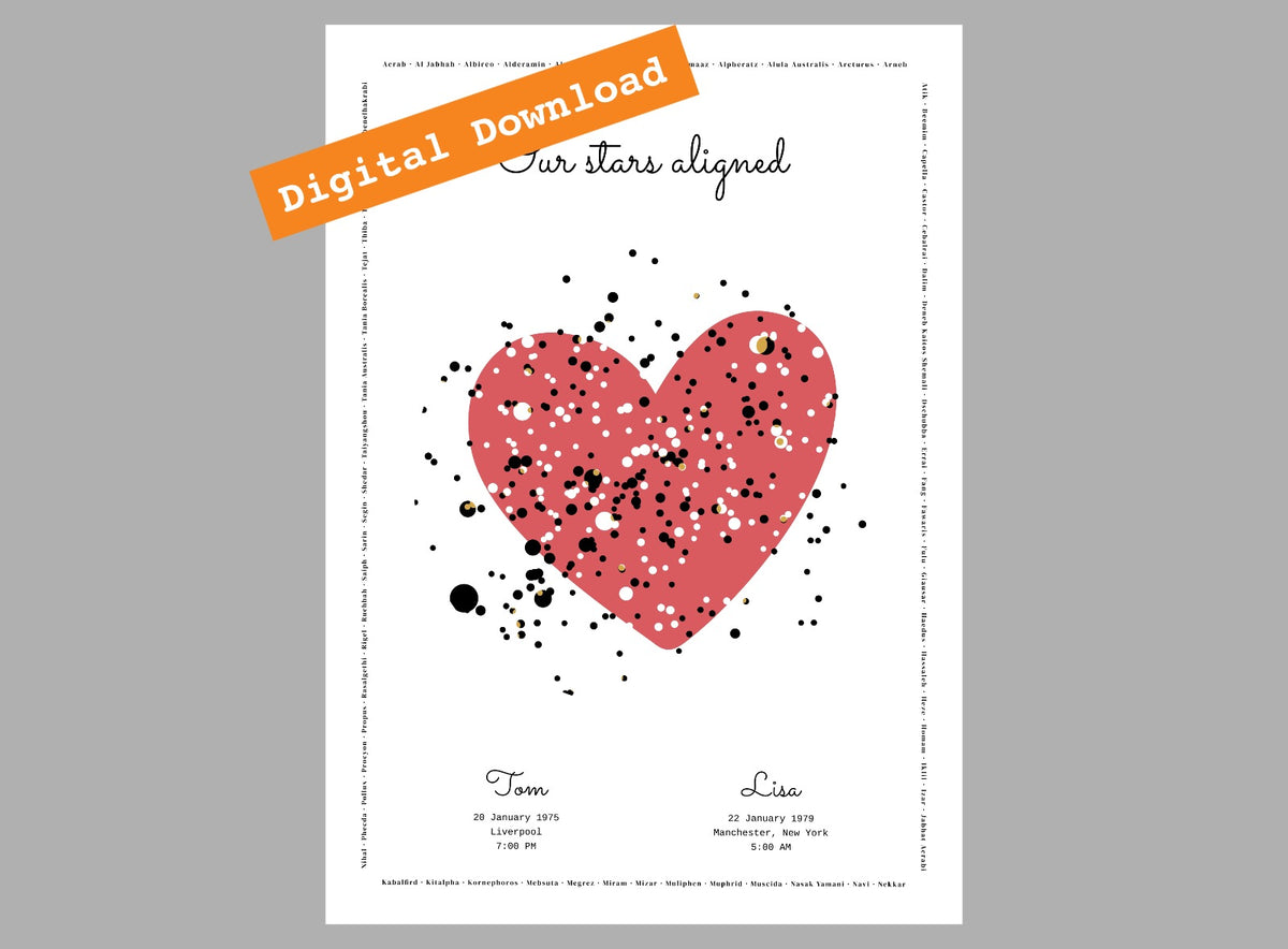 Our Stars Aligned shown as portrait digital print, personalised with names and meaningful dates.