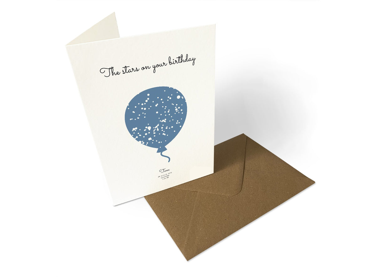 Birthday Star Print shown as 5 × 7-inch portrait card, personalised with names and meaningful dates.