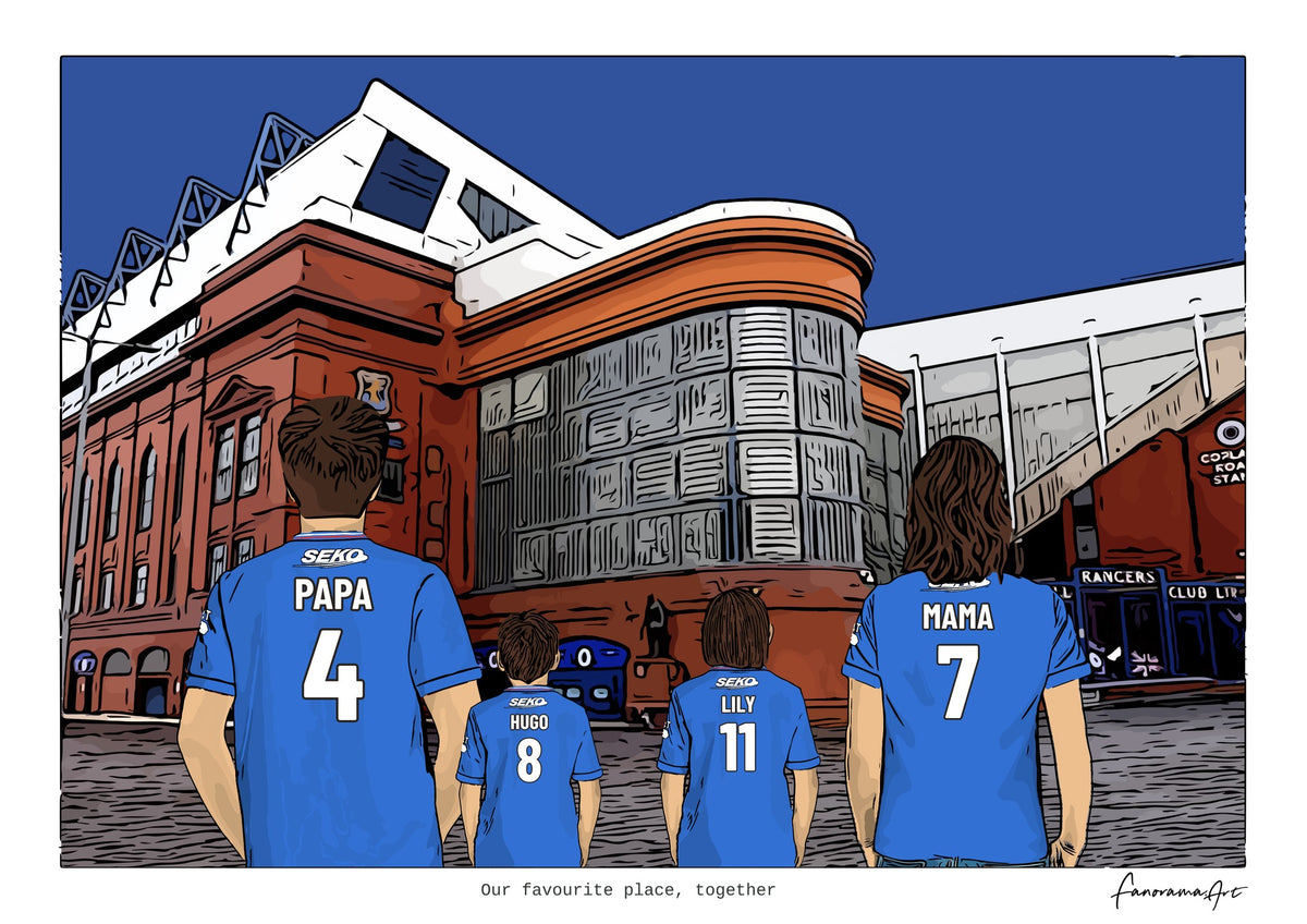 Personalised Rangers digital artwork with PAPA, HUGO, LILY, MAMA, rangers ibrox stadium at Ibrox Stadium.