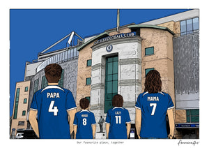 Personalised Chelsea digital artwork with PAPA, HUGO, LILY, MAMA, chelsea stamford bridge at Stamford Bridge.