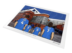 Personalised Rangers print with PAPA, HUGO, LILY, MAMA, Print at Ibrox Stadium.