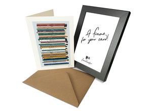 Personalised 40th birthday music card, born in 1986, shown as card portrait and frame with 40 colourful song spines and a birthday message.