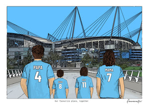 Personalised Manchester City digital artwork with PAPA, HUGO, LILY, MAMA, manchester city etihad stadium at Etihad Stadium.
