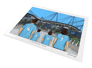 Personalised Manchester City print with PAPA, HUGO, LILY, MAMA, Print at Etihad Stadium.