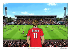Personalised Wrexham digital artwork with OLIVER, in game at Racecourse Ground.