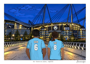 Personalised Manchester City digital artwork with DAN, ZOE, stadium at night at Etihad Stadium.