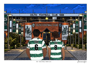 Personalised Celtic digital artwork with DAN, ZOE, stadium at night at Celtic Park.