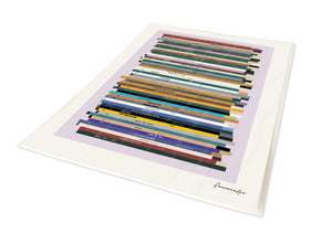 Personalised 50th birthday number one music print, born in 1976, shown as a4 print portrait with 50 colourful song spines and a birthday message.