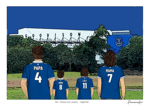 Personalised Everton digital artwork with PAPA, HUGO, LILY, MAMA, everton goodison park at Goodison Park.