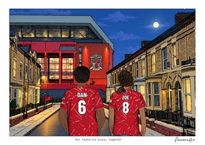 Personalised Liverpool digital artwork with DAN, ZOE, anfield at night at Anfield.