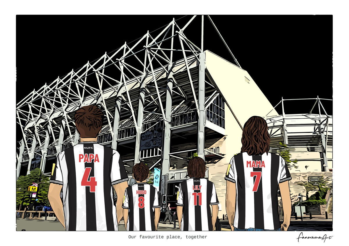 Personalised Newcastle United digital artwork with PAPA, HUGO, LILY, MAMA, newcastle united st james park at St James’ Park.