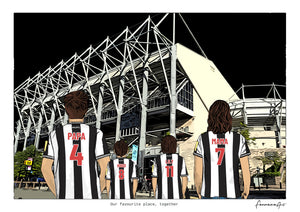 Personalised Newcastle United digital artwork with PAPA, HUGO, LILY, MAMA, newcastle united st james park at St James’ Park.