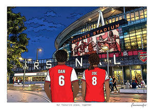 Arsenal digital artwork with Dan and Zoe outside the Emirates Stadium at night.