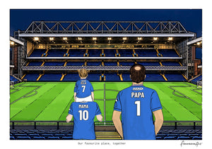 Personalised Rangers digital artwork with MAMA, PAPA, pitch side at night at Ibrox Stadium.